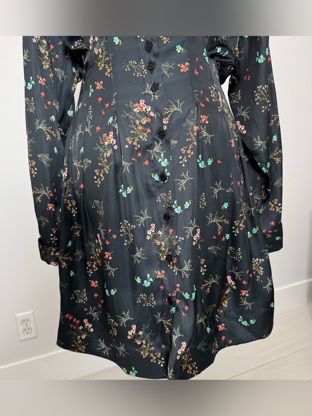 Anthropologie Romantic Tobie Black Satin Floral Mini Shirt Dress NWT M Femme - Picture 9 of 11